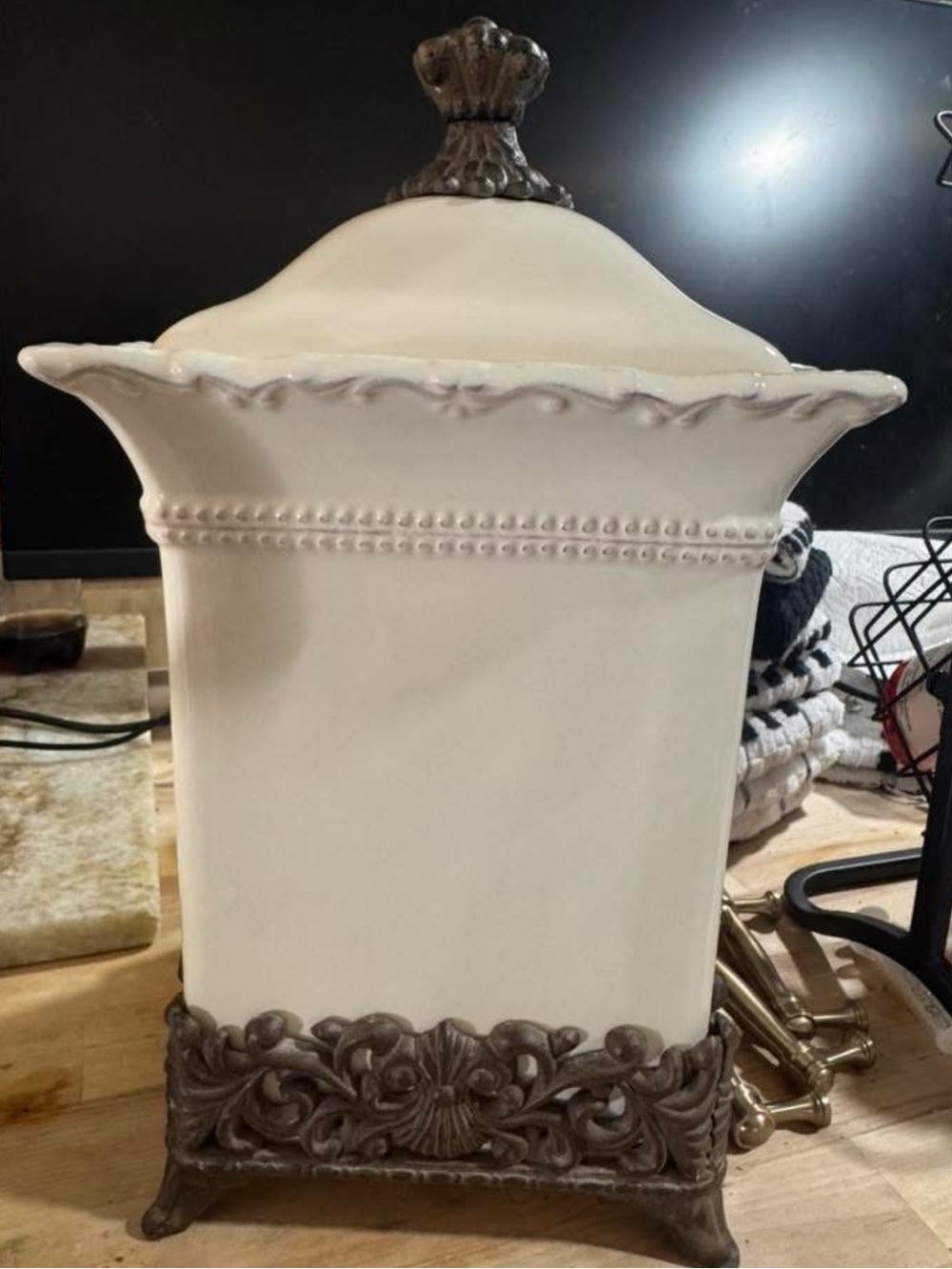 Steve Madden Cream Ceramic Canister with Ornate Bronze-Tone Base